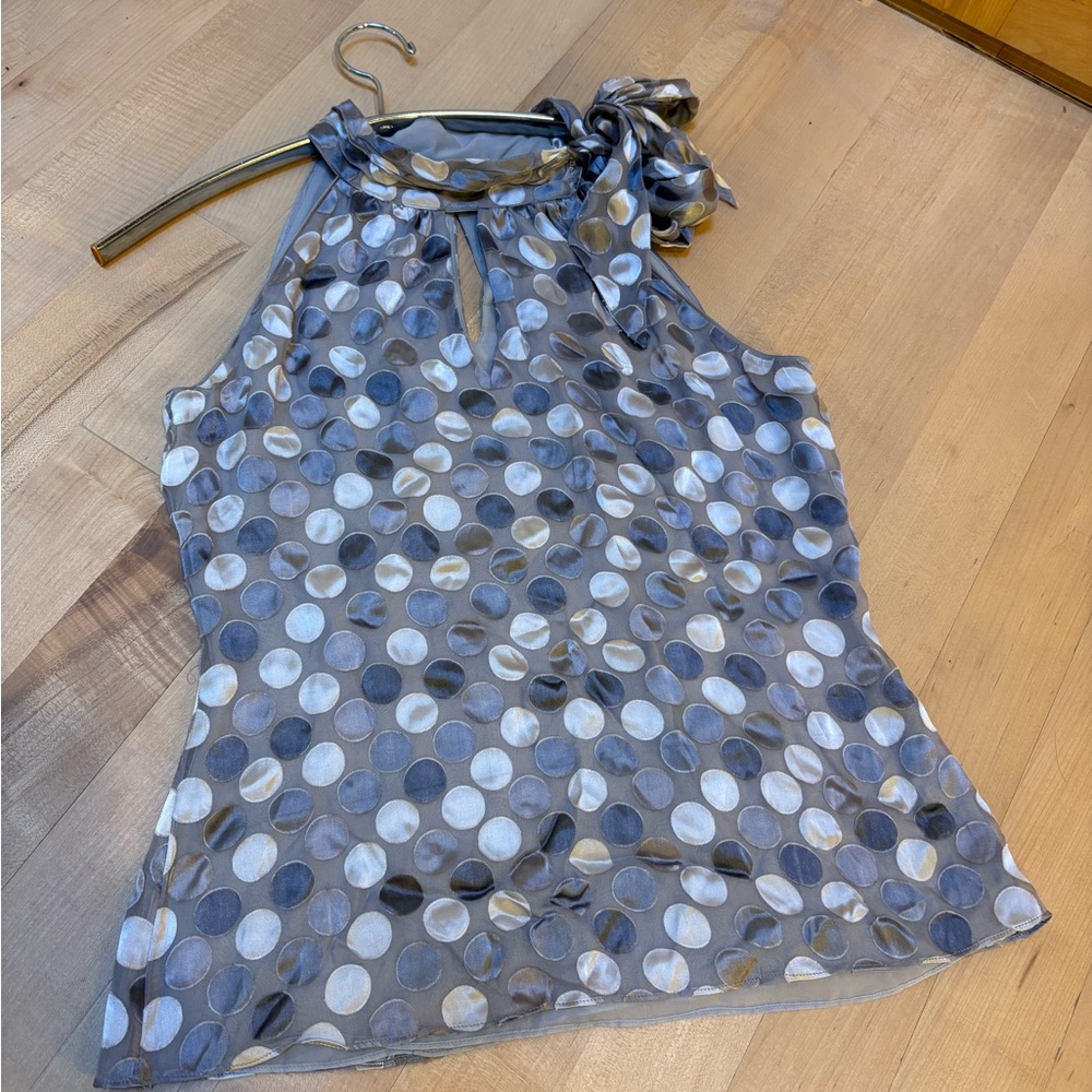 White House/ Black Market Sleeveless Polka Dot Halter Top with Neck Tie - Gray